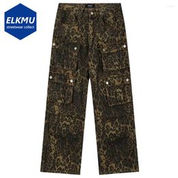 Men's Jeans Leopard Vintage Cargo Denim Pants Men Multi Pocket Loose Straight Trousers 2024 Women Y2K