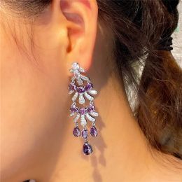 Vintage Charm Long Purple Designer Earring for Woman Party AAA Cubic Zirconia Diamond Silver Luxury Bridal Engagement Wedding Earrings Jewellery Valentines Day Gift