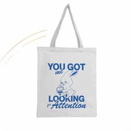 fudeam Cute Blue Rabbit Print Large Capacity Fi Canvas Bag Portable Foldable Shoulder Bag Lightweight Sling Shopper Bag 34cc#