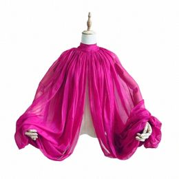 hot Pink Silk Chiff Wedding Cloak Puffy Sleeves Jacket Bridal Accories Short Bolero Shawl Free Size High Neck With Butts 70Ij#