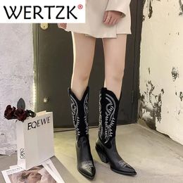 Women Cowboy Boots Pointed Toe Womens Shoes Embossing pu Leather Shoes Knee-High Boots Chunky Wedges shoes 240408