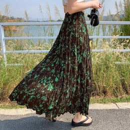 Skirts Coigarsam Women Skirt Summer 2024 Office Lady Korea Style Patchwork Floral Print Folds High Waist Black Green