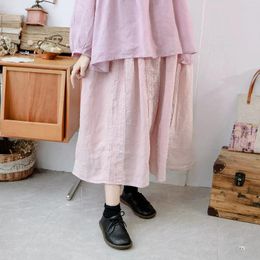 Skirts 68-115cm Elastic Waist / Spring Autumn Women Sweet Mori Kei Lace Patchwork Loose Cosy Linen