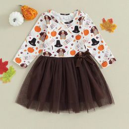 Clothing Sets Toddler Baby Clothes Girl Thanksgiving Costume Dress Pumpkin Turkey Print Tulle Patchwork Long Sleeve A-Line With Bowknot