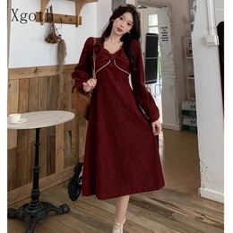 Casual Dresses Ladies Solid Bow Waist Retraction Long Sleeve Dress Elegant Gentle Temperament Corduroy Midlength Skirt Women's Clothing