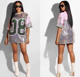 Casual Dresses Women Performance Costumes Cheerleaders Loose Oversized Causal 08 Letter Shift Sequin T Shirt Mini Dress HipHop Lo3619659
