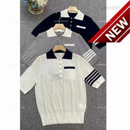 Spring And Summer New Tb Pocket Contrast Color Edge Striped Dog Jacquard Tencel Wool Polo Sweater