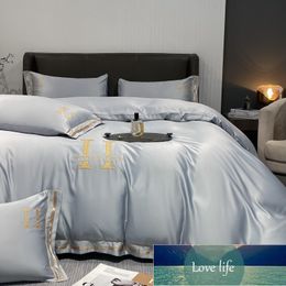 Top Designer Summer Washed Silk Four-Piece Set Ice Tencel Solid Colour Bed Sheet Quilt Cover Embroidery Bedding Gift Kit Wholesale