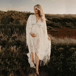 Boho Lace Maternity Pography Props Dresses Free Size Adjustable Pregnancy Po Shoot Bohemian Long Dress Sides Slit 240408