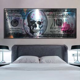 Skull Dollar Money Art Posters Laser Skeleton Painting 100 Dollars Canvas Prints Modern Creative Wall Pictures for Living Room Decor