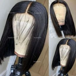 Hitzebeständiger kurzer Bob -Stil Spitze vorne Perücken synthetisch für schwarze Frauen handgebundene vorgezogene natürliche Haaranlage 14 Zoll