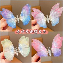 Hair Pins Moving Butterfly Hairpin For Childrens Forest Style Super Immortal Gradient Net Red Little Girl Wing Edge Clip Drop Delivery Otunw