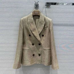 Women's Suits 2024 Fashion 95% Linen Blazer Suit Women Notched Double Breasted Long Sleeve Khaki Color Casual Slim Jacket