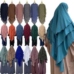 3 Layer Eid Prayer Garment Overhead Hijab Long Khimar Ramdan Muslim Headcarf Women Full Cover Veil Abaya Kaftan Headdress Burqa240403