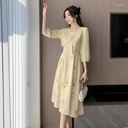 Casual Dresses Chinese Style Suit For Women In Spring 2024 Button Up Top Floral Suspender Dress Two-piece Set