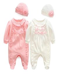 Newborn Baby Girl Cotton Ruffle Footies 1piece Overall with Cap 2018 New Spring Red Pink Infant Girl Clothes Born 3m 6m 1t Gift8097909