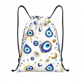 custom Mediterranean Blue And Gold Evil Eye Drawstring Bags Lightweight Hamsa Nazar Amulet Boho Sports Gym Storage Backpack 91HS#