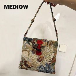 Drawstring MEDIOW Chinese Style Canvas Bags For Women Luxury Designer Handbags Purses 2024 In Flower Pattern Woven Strap Cloth Shoulder