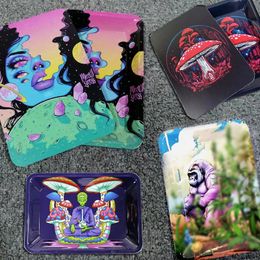 Metal Rolling Trays With Magnetic Lid Cover 18x14cm 18*12.5cm Cartoon Tobacco Tin Plate For Dry Herb Operation Roll Tray Storage Plate Smoke Accessories