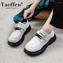 Casual Shoes Taoffen Ladies Flat Genuine Leather Metal Buckle Thick Bottom Slip On Women Fashion Sneakers Platform Oxford