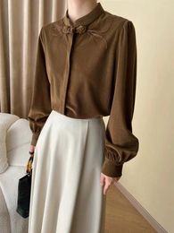 Women's Blouses Chinese Style Feather Buckle High-End Matte Standing Collar Shirt With Long Lantern Sleeves Loose And Slimming Effec