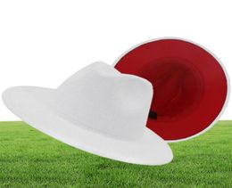 FS White Red Patchwork Wool Felt Jazz Fedora Hat Women Unisex Wide Brim Panama Party Trilby Cowboy Cap Men Gentleman Wedding Hat515133360
