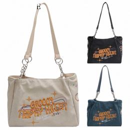 women Canvas Shoulder Bag Versatile Fi Sling Bag Large Capacity Embroidered Letters Handbag Lightweight Casual Shop Bag 81eh#