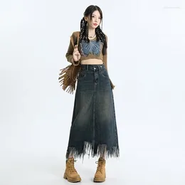 Skirts Women Skirt Spring 2024 Office Lady Fashion Korea Style Solid Loose Asymmetrical High Waist Tassel Cement Ash