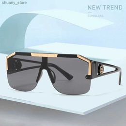 Sunglasses 2024 Fashion Luxury Brand Oversized Square Sunglasses Men Women Vintage Metal Big Frame Semi-Rimless One Lens Sun Glasses UV400 Y240416