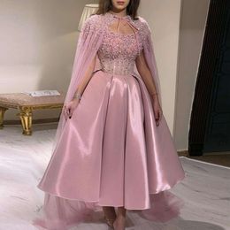 Sharon sagte, arabisch turquoise Kurzes Midi Women Party Kleid Luxus Dubai Pink Knöchel Länge Abendkleider mit Umhang