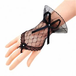 ladies Bow Sleeves Short Arm Sleeves Lace Wrist Cuffs Bracelets Women Solid Colour Gloves Net Yarn Lace Gloves Accories n31B#