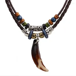 Pendant Necklaces Vintage Punk Wolf Tooth Necklace For Men Leather Beaded Weaved Prayer Jewellery