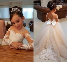 Elegant Light Champagne Ball Gown Flower Girls Dresses For Weddings Sheer Neck Long Sleeves Applique Lace Tulle Children Girls Pag9715543