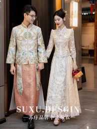 Ethnic Clothing Champagne Xiuhe Dress Bride Heavy Industry Evening Party Senior Gold Chinese Wedding Luxury Toasting Women Tang Suit Set