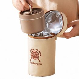 portable Beige Thermal Lunch Box Bag Round Barrel Insulated Cooler Pouch Bento Food Storage Bags for Kids Meal Dinner Ctainer 98tQ#