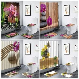 Shower Curtains Zen Stone Flowers Garden Scenery Green Bamboo Butterfly Floral Plant Bathroom Decor Non-slip Rug Bath Mats Sets