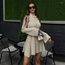 Casual Dresses Sexy Outfits For Women Turtleneck Flare Sleeve Solid Fall Winter Elegant Knitted A-Line Mini Sweater Dress