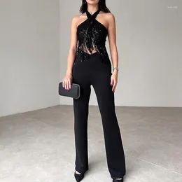 Women's Two Piece Pants 2024 Spring Autumn Set Tassel Hanging Neck Spicy Girl Top High Waist Straight Tube Casual Women Large Size