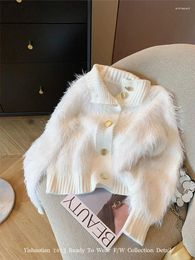 Women's Knits Korean 90s White Cardigans Warm Thicken Turtleneck Cosy Luxury Sweater Knitted Simple Fashion Faux Fur Outerwear Formal