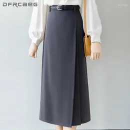 Skirts HIgh Waist Elegant Casual Suit Fabirc Women Midi Skirt With Belt 2024 Korean Style Summer Formal OL Work Wear A-Line Long Lady