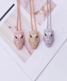 Fashion Lady Women Brass 18K Gold Thick Long Necklaces With Full Diamond Green Eyes Zircon Leopard Head Pendant7949379