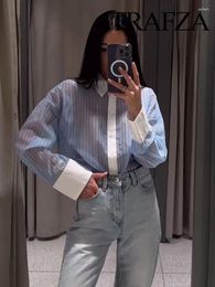 Women's Blouses TRAFZA Women Spring Blue Striped Turn-Down Collar Long Sleeves Single Breasted Female Fashion Transparent Casual Shirt