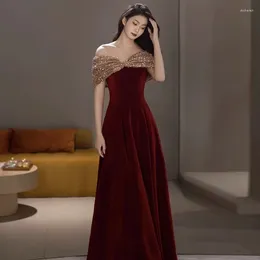 Ethnic Clothing Wedding Dress Sexy Off Shoulder Slash Neck Maxi Autumn Winter Velour Burgundy Qipao A-Line Sequin Women Vestidos De Festa