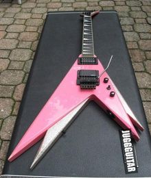 Double V Kiss Vinnie Vincent Pink Silver Flying V Electric Guitar Floyd Rose Tremolo Locking Nut Copy EMG Pickups Black Hard7995134