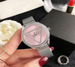 Popular Casual Top Brand women Girl crystal triangle style steel metal band quartz wrist watch GS394931850