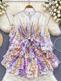 Casual Dresses Summer Gorgeous Flower Chiffon Cascading Ruffles Mini Dress Women Sexy See Through Lavender Floral Print Lace Up Short