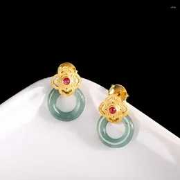 Stud Earrings Women's Chinese Style Vintage S925 Silver Gold-plating Jade Ping Buckle Enamelling Jewellery Party Girlfriend Mother Gift