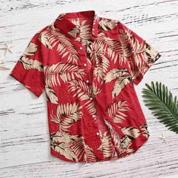 Men's Casual Shirts 2023 New Hawaiian Red Leaf Tropical Floral Men Dazn Tops Summer Short Sleeve Button Chemise Loose Vacation Beach 24416