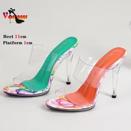 Slippers Summer 11CM Women PVC Jelly 2024 Open Toe High Heels Ladies Transparent Perspex Sandals Clear Print Stiletto Shoes