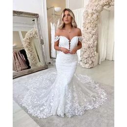 Элегантное вне плеча русалка свадебные платья Tulle кружевное аппликация пляжные платье невесты часов